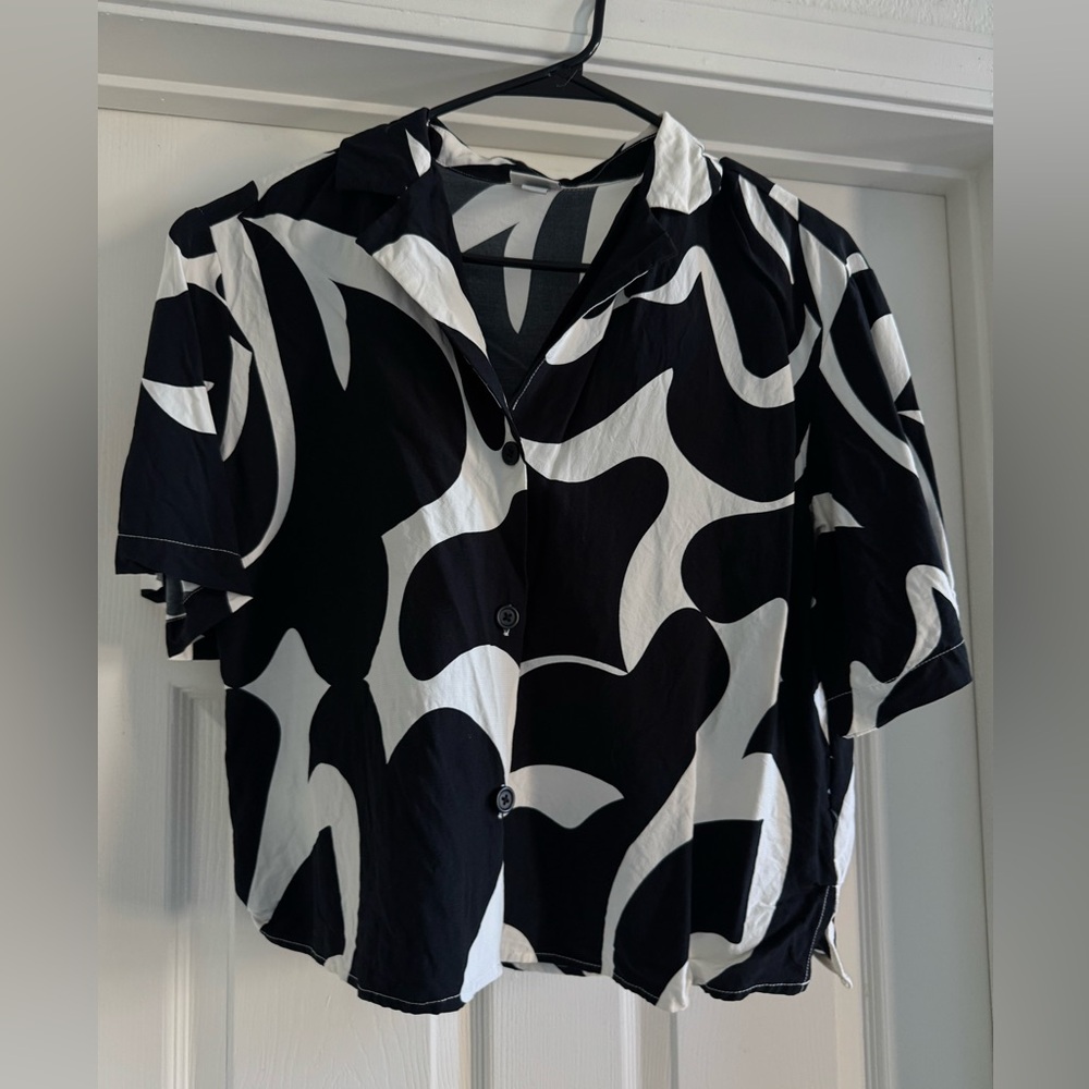 A New Day: Black and White Abstract Button-Up Shirt + Shorts Set